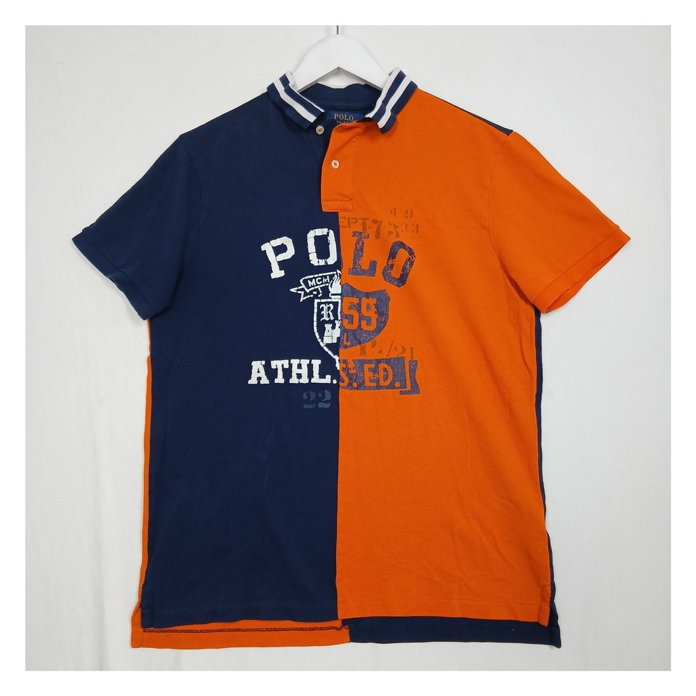 Polo Ralph Lauren Mens Custom Slim Fit Split Graphic Polo Shirt Navy Orange L